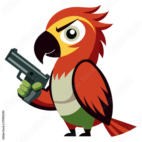  illustration of a parrot perched proudly with a gun in its beak or talons, symbolizing unexpected strength and defiance