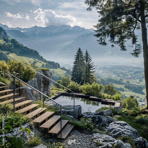 A staircase with a panoramic view of the surrounding mountains
