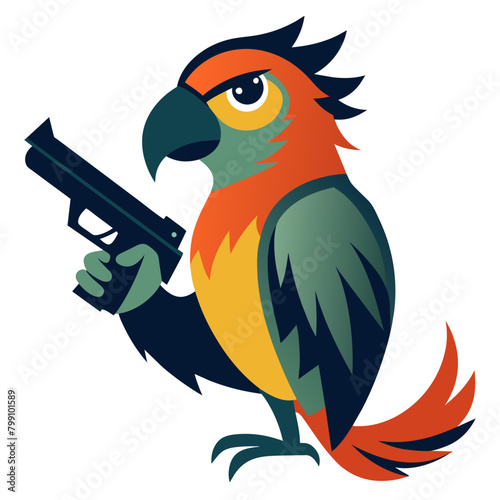  illustration of a parrot perched proudly with a gun in its beak or talons, symbolizing unexpected strength and defiance