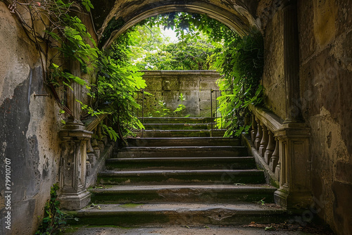 A staircase with a secret door leading to a garden