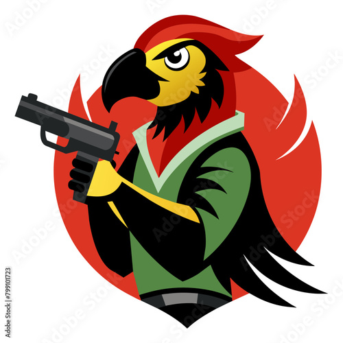  illustration of a parrot perched proudly with a gun in its beak or talons, symbolizing unexpected strength and defiance