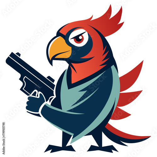  illustration of a parrot perched proudly with a gun in its beak or talons, symbolizing unexpected strength and defiance