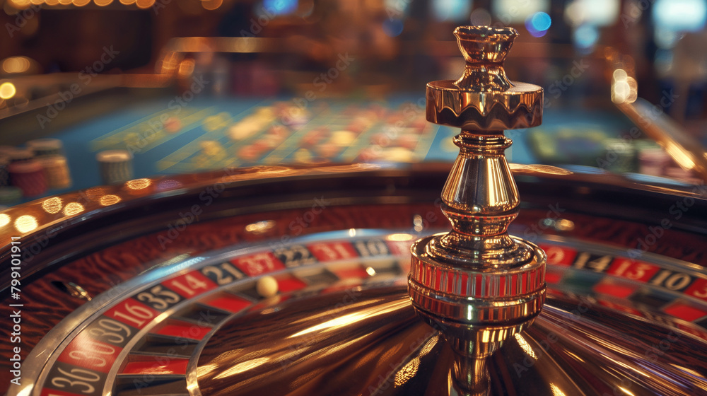A closeup of the roulette wheel in a casino, with soft focus on its golden frame A closeup of the roulette wheel in a casino, with soft focus on its golden frame
