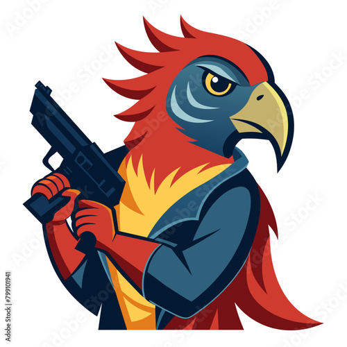  illustration of a parrot perched proudly with a gun in its beak or talons, symbolizing unexpected strength and defiance