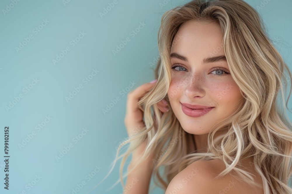 Portrait, cheerful woman, wind-blown curls, studio background, beauty salon shine, keratin growth, radiance. Model's face, blonde haircare, or attractive breeze waves Portrait, cheerful woman, wind-blown curls, studio background, beauty salon shine, keratin growth, radiance. Model's face, blonde haircare, or attractive breeze waves