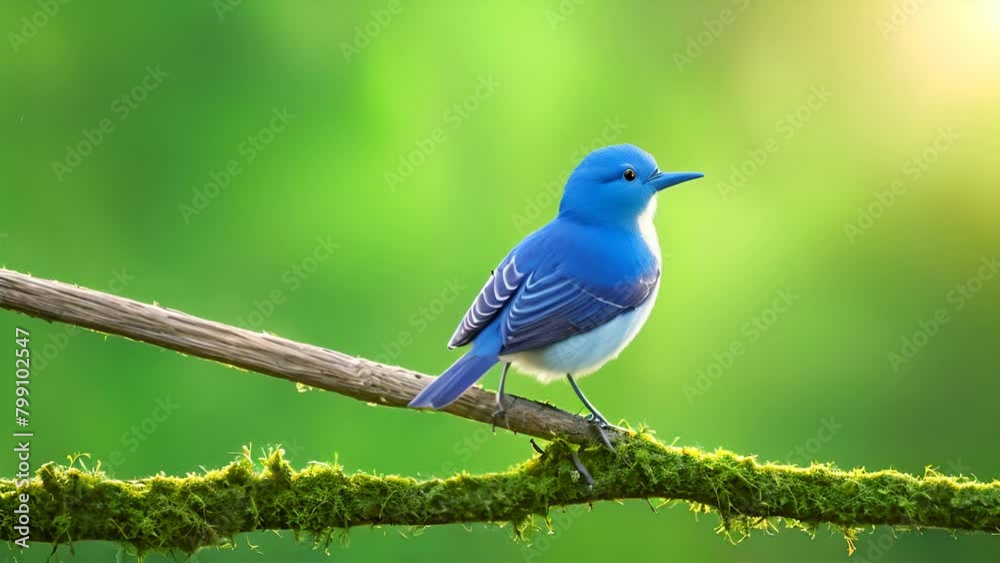 Enchanting Ultramarine Flycatcher. A Delightful Blue Bird Perched Amidst Mossy Surroundings, Bathed in Soft Sunlight against a Verdant Backdrop of Nature's Splendor Enchanting Ultramarine Flycatcher. A Delightful Blue Bird Perched Amidst Mossy Surroundings, Bathed in Soft Sunlight against a Verdant Backdrop of Nature's Splendor