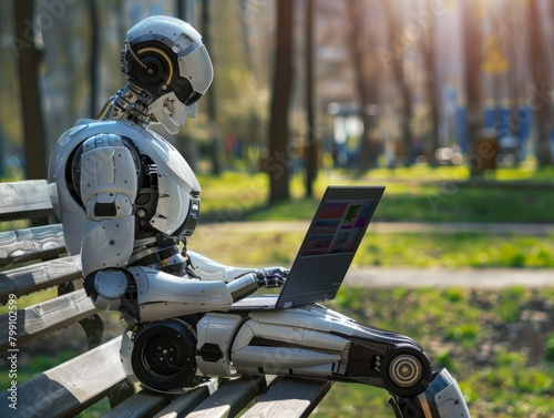 Robot sit on bench work with laptop pc computer rest relax in sunshine spring green city park outdoors on nature. Urban leisure concept 