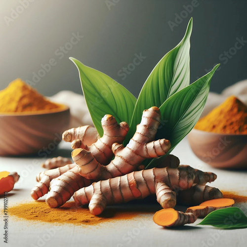 Turmeric root and powder isolated Ai generative. photo