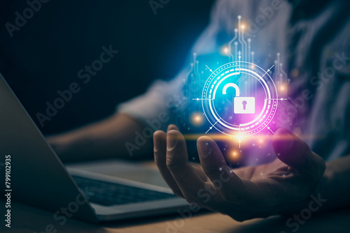 Blue Magenta Unlock Cybersecurity or Internet Network Security Systems Technology and Encryption Data Protection Concepts. Cybersecurity Unlock in HUD and Circuit and Laptop Computer in Vintage