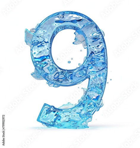 3D illustration of a blue number 9 made of water on a white background.
