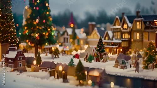 Festive Christmas Village With Lit Christmas Tree Generative AI photo