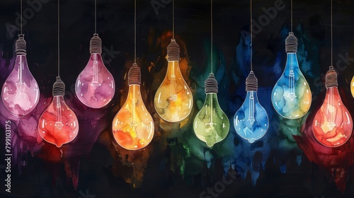 Watercolor colorful glowing hanging light bulbs on black background photo