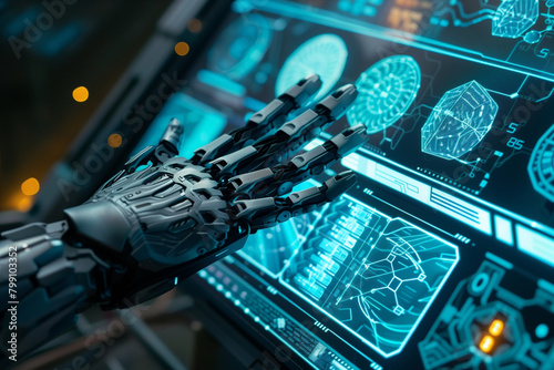 A close-up of a futuristic robotic hand interacting with a virtual interface displaying complex algorithms.