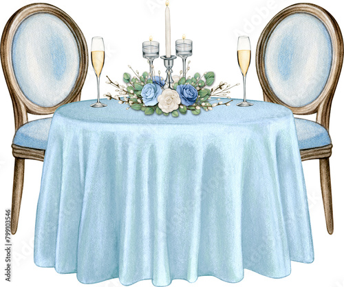 Watercolor hand drawn elegant wedding decorated table