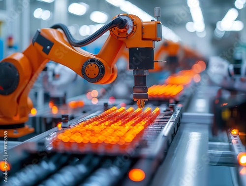 A robot is working on a conveyor belt with many orange objects. The robot is orange and has a mechanical look to it