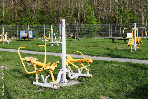 KLIKUSZOWA, POLAND - APRIL 09, 2024: Exercise equipment in a public park.