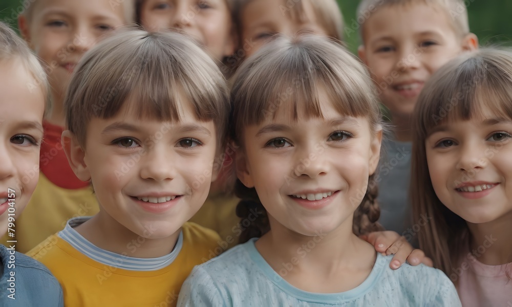 Group of smiling russian and ukrainian children looking at camera on blurred background, closeup Group of smiling russian and ukrainian children looking at camera on blurred background, closeup