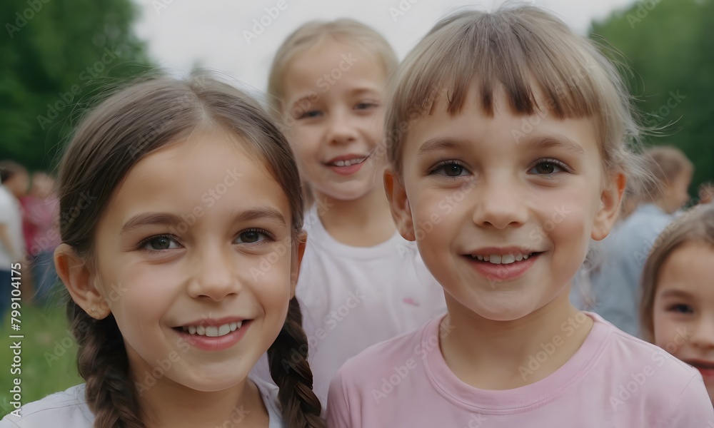 Portrait of a group of smiling little girls in the park. Portrait of a group of smiling little girls in the park.