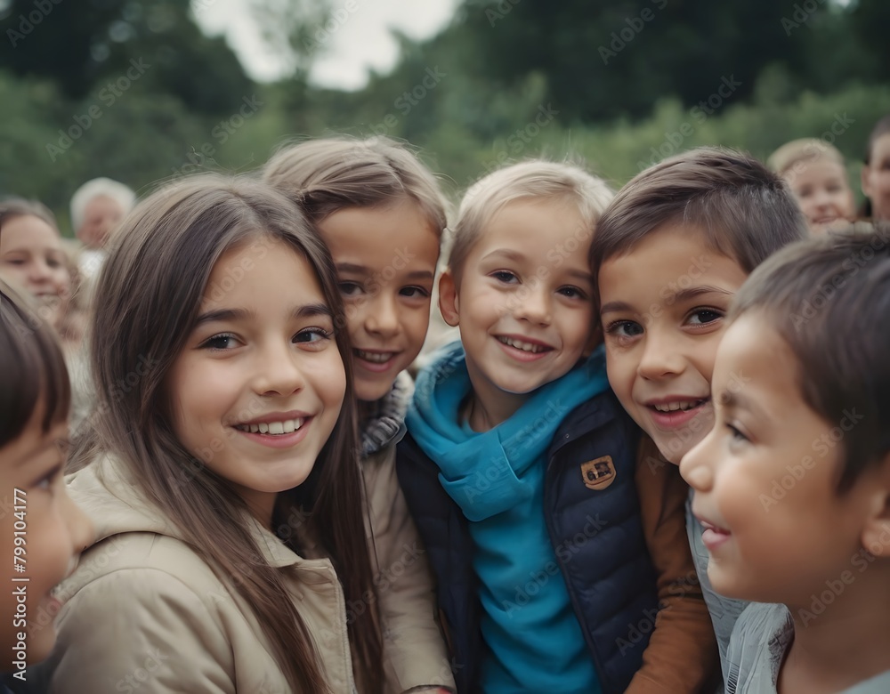 Group of children smiling and looking at the camera in the park.