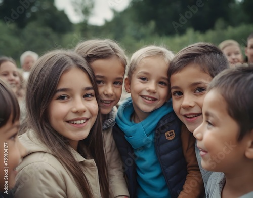 Group of children smiling and looking at the camera in the park.