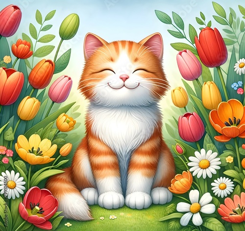 Blissful Orange and White Cat in a Vibrant Spring Flower Paradise © Erika