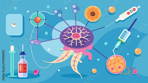 An animated diagram showing how a damaged nerve cell is repaired and regrown through advanced medical procedures..