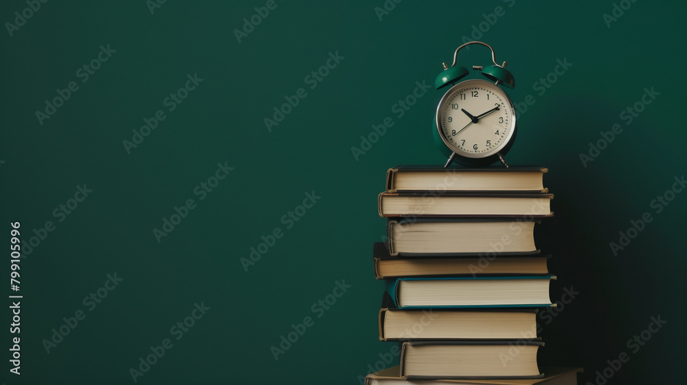 A clock sits on top of a stack of books. The clock is set to the time of A clock sits on top of a stack of books. The clock is set to the time of