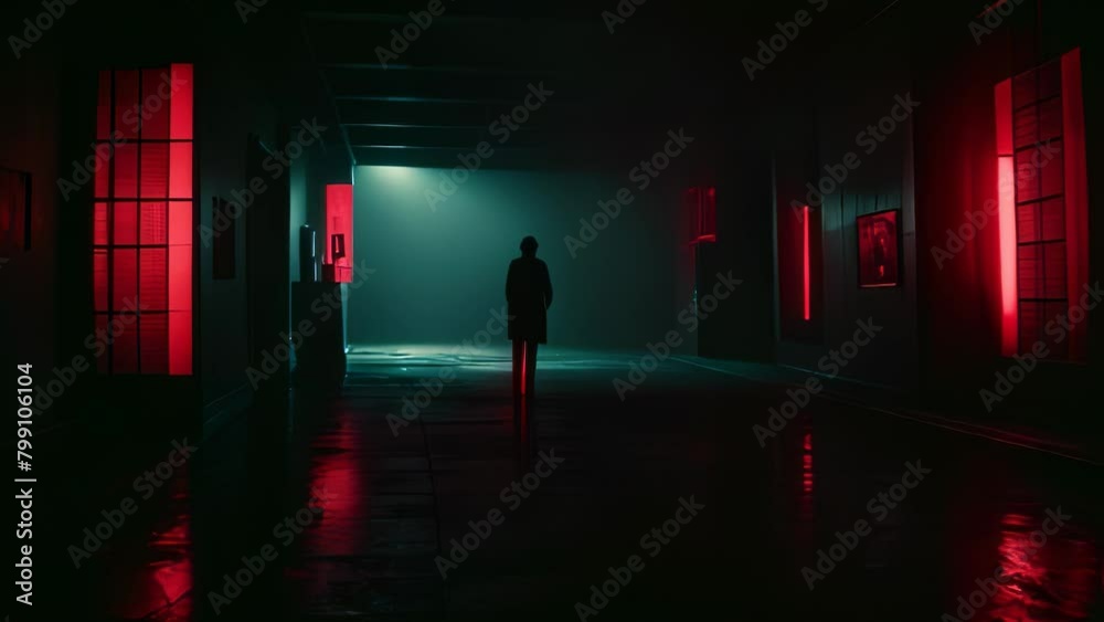 Video animation of dark and enigmatic hallway illuminated by red neon lights. In the center of the corridor stands a solitary silhouette, casting intriguing shadows against the walls. Video animation of dark and enigmatic hallway illuminated by red neon lights. In the center of the corridor stands a solitary silhouette, casting intriguing shadows against the walls.
