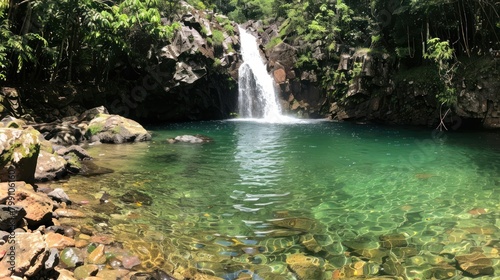 A waterfall cascading into a crystal-clear pool in a tropical forest