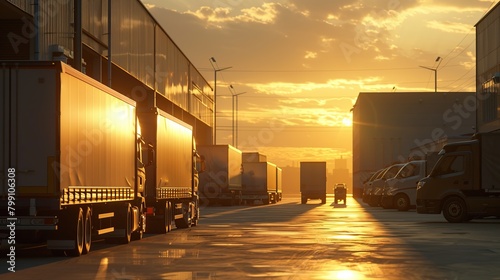 industrial warehouse with parked trucks, sunset lighting. photo