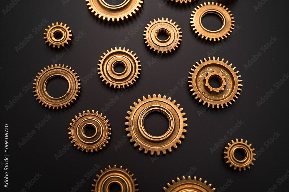 The gold gears isolated in black background. Concept of precision and engineering. The gold gears isolated in black background. Concept of precision and engineering.