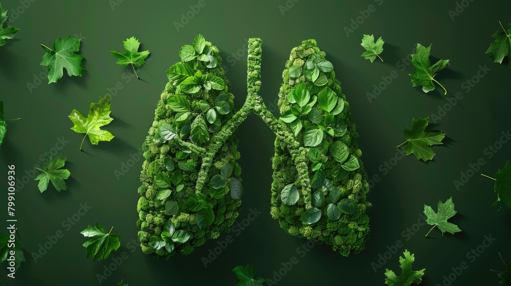 Creative visual of lungs composed of various shades of green leaves, promoting the idea of sustainable living and health, Creative visual of lungs composed of various shades of green leaves, promoting the idea of sustainable living and health,