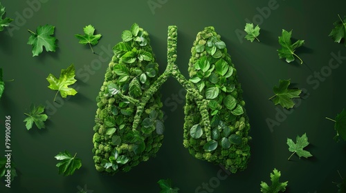Creative visual of lungs composed of various shades of green leaves, promoting the idea of sustainable living and health,