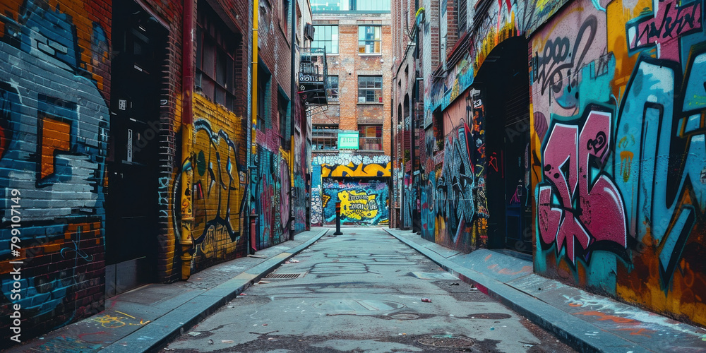 Urban Graffitilined Alley with Lone Figure Walking Down the Center Urban Graffitilined Alley with Lone Figure Walking Down the Center
