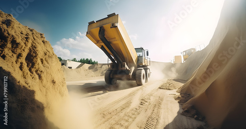 The excavator works diligently to load sand into an industrial truck on a suffocating day, highlighting its resilience and efficiency. photo