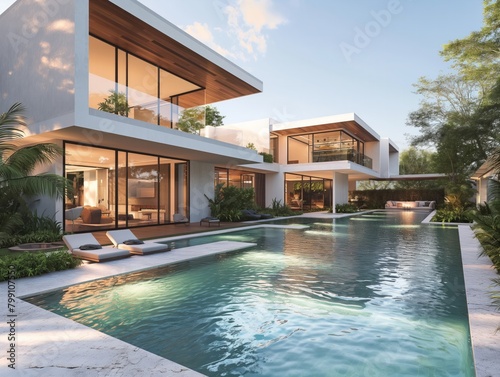 A large house with a pool and a large glass window. The house is white and has a modern design