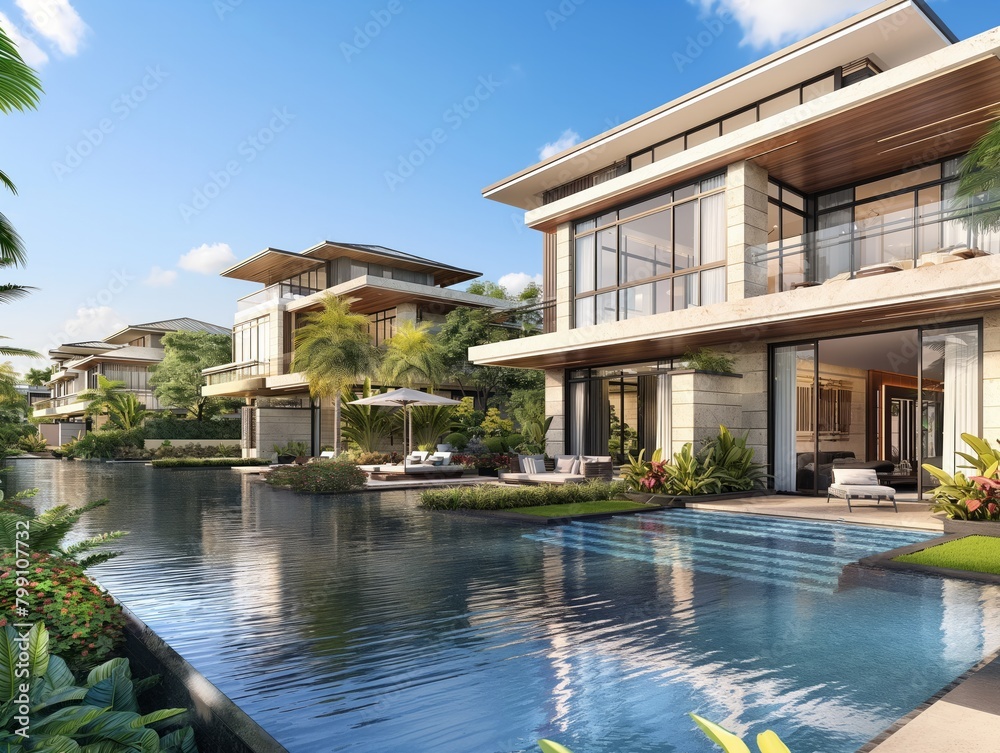 A large house with a pool and a large backyard. The pool is surrounded by trees and the house is surrounded by a lush green lawn. The house is a large, modern home with a lot of space