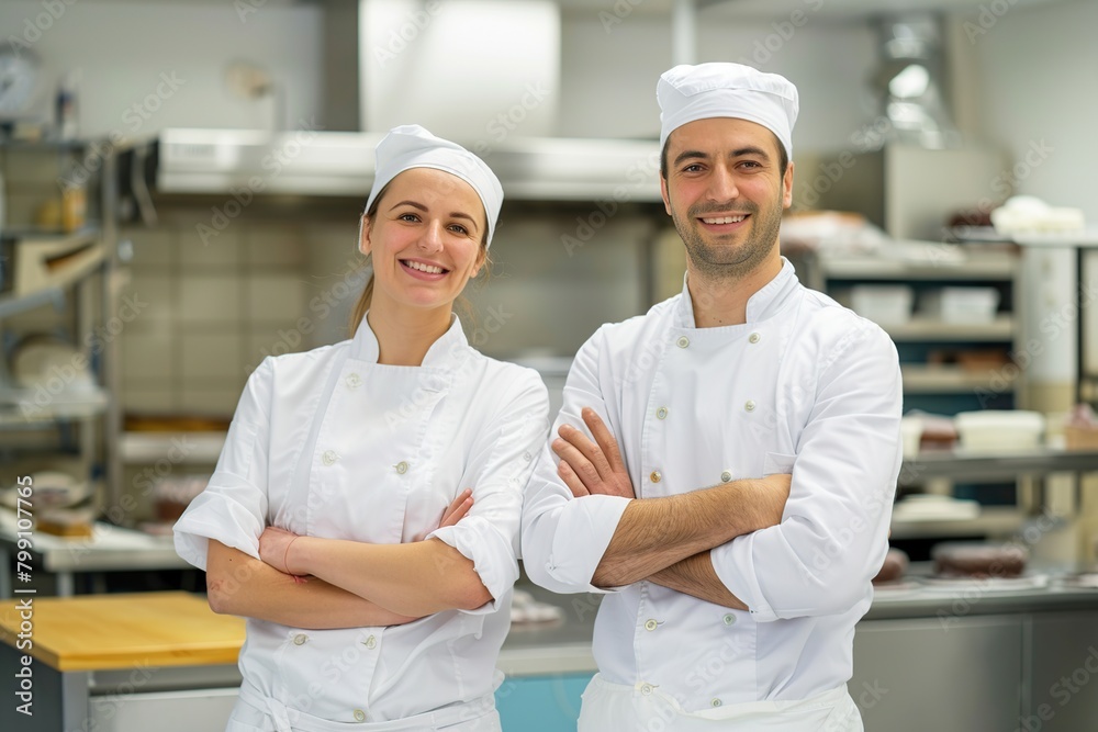 Portrait of a male and female baker standing with crossed arms in a bakery