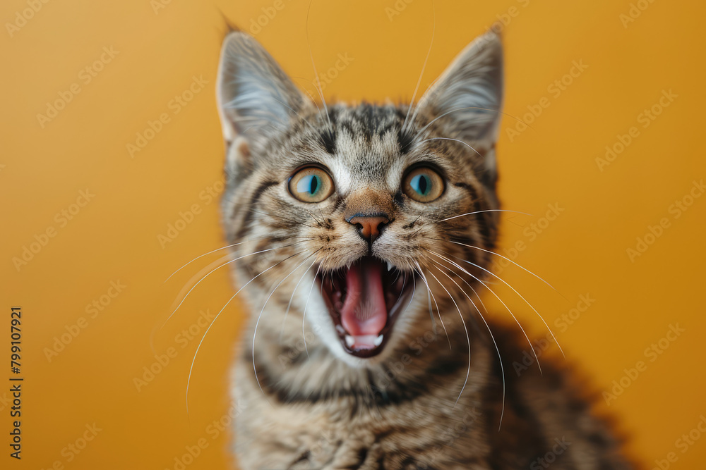 A photo of an excited and happy cat, its mouth open wide showing teeth against a yellow background. Created with Ai
