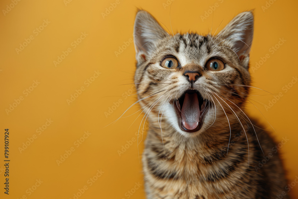 A cute cat with a happy expression, its mouth open wide, on a yellow background. Created with Ai