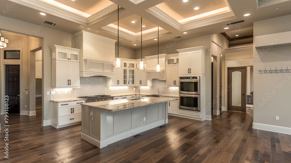 Front and broad view of the modern kitchen, where the subtle cream tray ceiling adds elegance to the sleek island on the second floor.