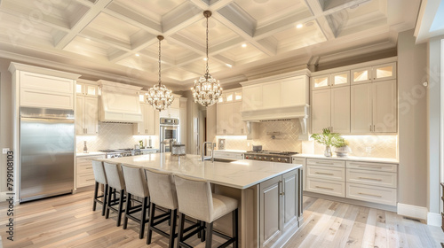 Front and broad view of the expansive tray ceiling in soothing beige, perfectly complementing the contemporary island in the second-floor kitchen.