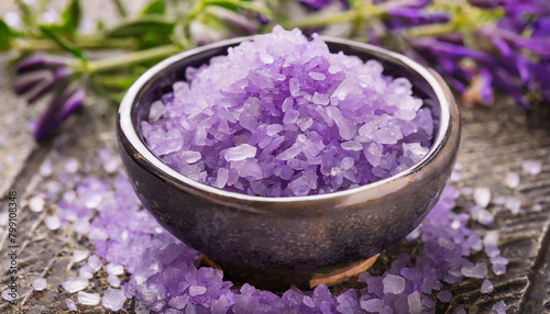 Close up lavender sea salt in bowl. Spa, wellness and body treatment, cosmetic product