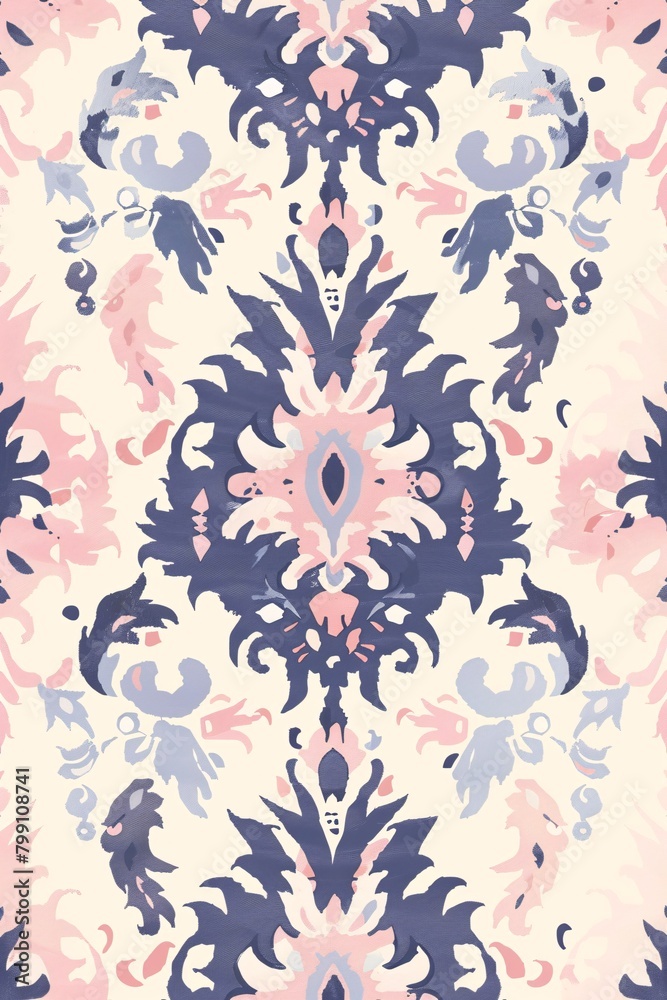 An ethnic Ikat tropical seamless pattern in pastel tones, featuring abstract traditional folk graphics for an elegant and luxurious textile background. An ethnic Ikat tropical seamless pattern in pastel tones, featuring abstract traditional folk graphics for an elegant and luxurious textile background.