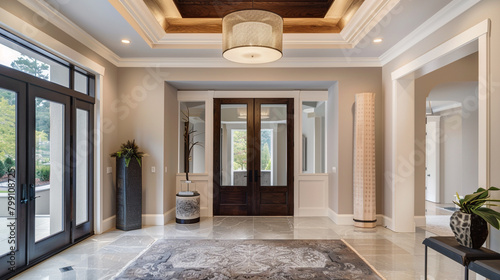 Luxe foyer showcases intricate tray ceiling and contemporary pendant light.