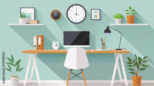 Home Office: A vector illustration of a minimalist home office, with a simple desk, chair, and laptop