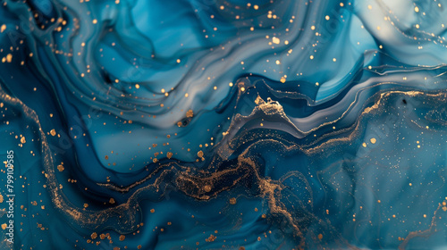 Soothing azure marble ink cascades elegantly over a mesmerizing abstract scene, illuminated by scattered glitters, inviting tranquility and peace. photo