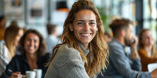 Happy young woman sitting at table in office with colleagues in background smiling and working together