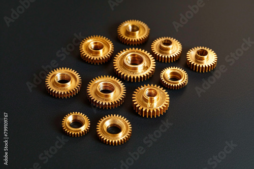 The gold gears isolated in black background. Concept of precision and engineering. photo
