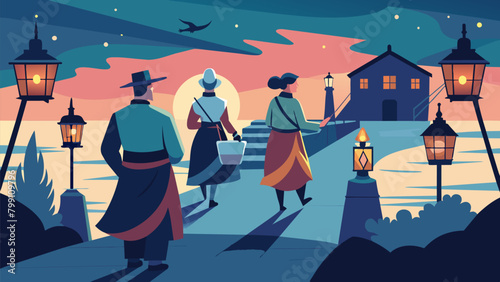With lanterns in hand visitors get to explore the grounds of a oncebustling port now a quiet historical site where early patriots prepared for war. Vector illustration